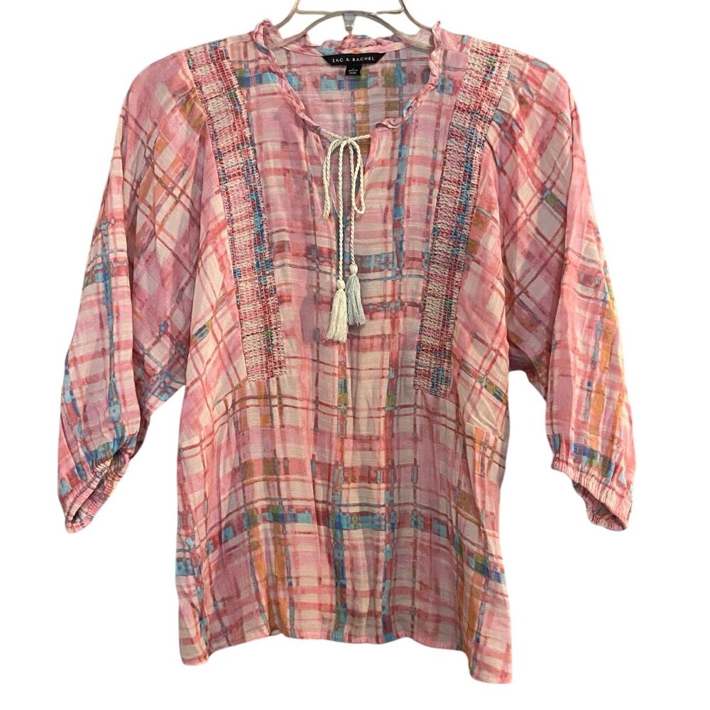 Zac & Rachel Women's Size Large Pink Plaid Tie Front Peasant Blouse